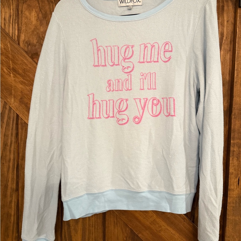 Wildfox Light Blue Sweatshirt with Pink Text